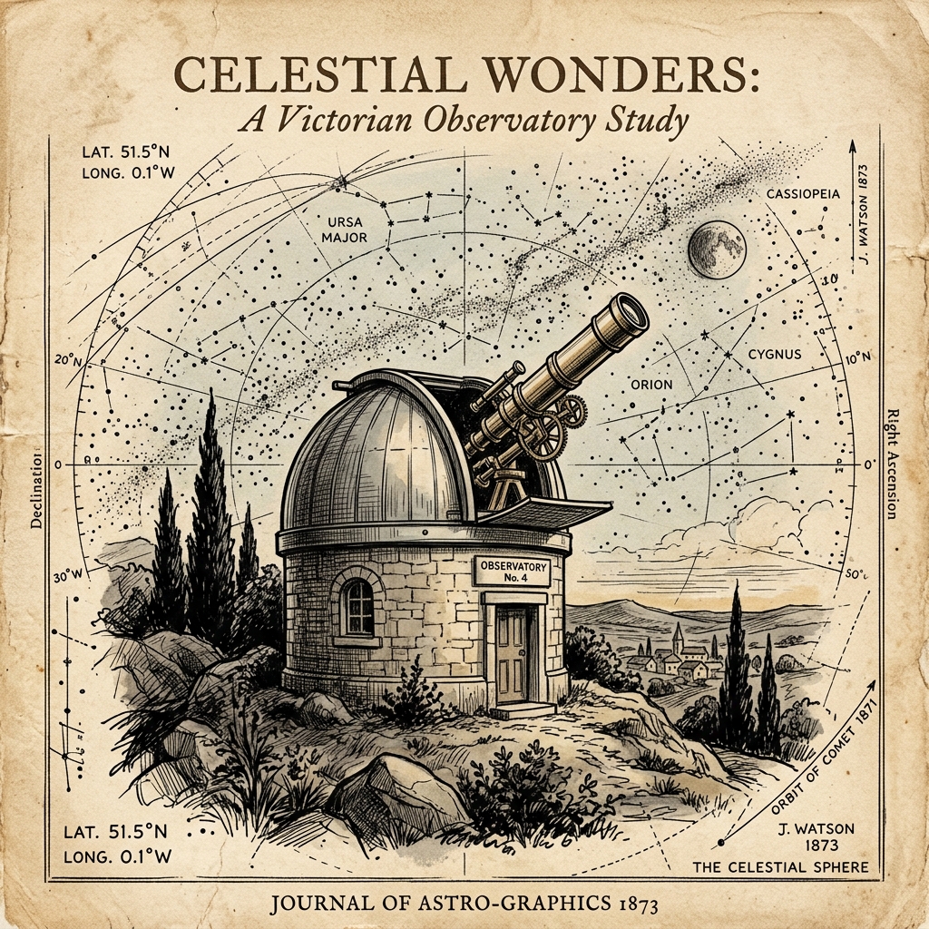 Celestial Wonders - A Victorian Observatory Study hand-drawn illustration